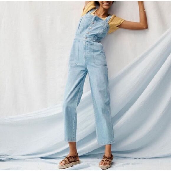 Madewell Light Wash Blue Stitched Strap Utility Pocket Denim Jumpsuit Size 14 - Picture 16 of 16